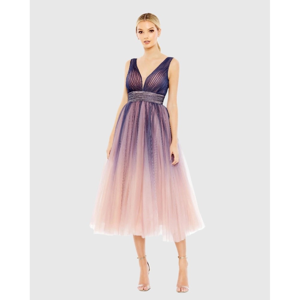 Mac Duggal Purple Ombre Sleeveless V Neck Midi Tulle Dress Sz 6 New